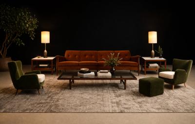 Carlo Hauner Armchairs with Pouf in Cavi na Wood Mohair Boucl by Carlo Hauner Brazil