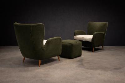 Carlo Hauner Armchairs with Pouf in Cavi na Wood Mohair Boucl by Carlo Hauner Brazil