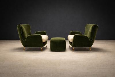 Carlo Hauner Armchairs with Pouf in Cavi na Wood Mohair Boucl by Carlo Hauner Brazil