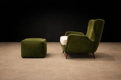 Carlo Hauner Armchairs with Pouf in Cavi na Wood Mohair Boucl by Carlo Hauner Brazil
