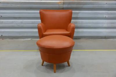 Carlo Hauner Brazilian Armchair with Ottoman in Hardwood and Leather Carlo Hauner c 1950s