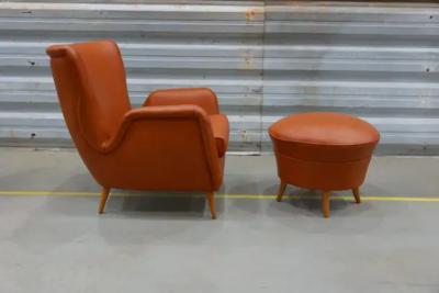 Carlo Hauner Brazilian Armchair with Ottoman in Hardwood and Leather Carlo Hauner c 1950s