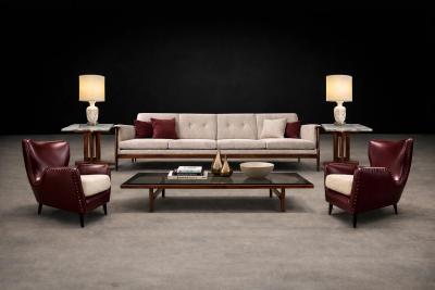 Carlo Hauner Brazilian Armchairs in Hardwood Burgundy Leather Boucl by Carlo Hauner