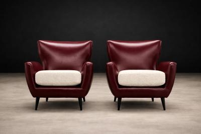 Carlo Hauner Brazilian Armchairs in Hardwood Burgundy Leather Boucl by Carlo Hauner