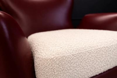 Carlo Hauner Brazilian Armchairs in Hardwood Burgundy Leather Boucl by Carlo Hauner