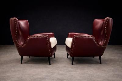 Carlo Hauner Brazilian Armchairs in Hardwood Burgundy Leather Boucl by Carlo Hauner