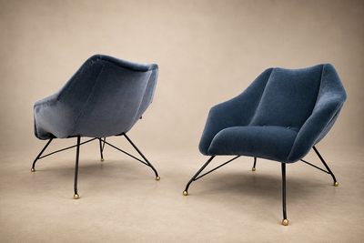 Carlo Hauner Brazilian Concha Armchairs in Iron and Dedars Blue Mohair Carlo Hauner