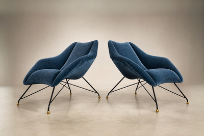Carlo Hauner Brazilian Concha Armchairs in Iron and Dedars Blue Mohair Carlo Hauner