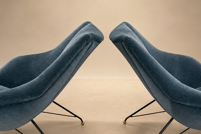 Carlo Hauner Brazilian Concha Armchairs in Iron and Dedars Blue Mohair Carlo Hauner