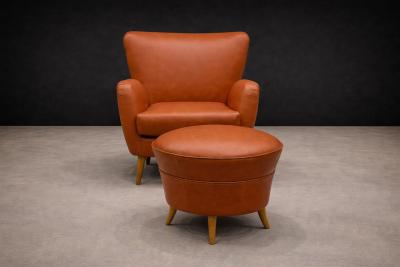 Carlo Hauner Brazilian Modern Armchair Ottoman in Hardwood Leather by Carlo Hauner 1950s