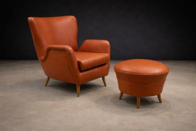 Carlo Hauner Brazilian Modern Armchair Ottoman in Hardwood Leather by Carlo Hauner 1950s