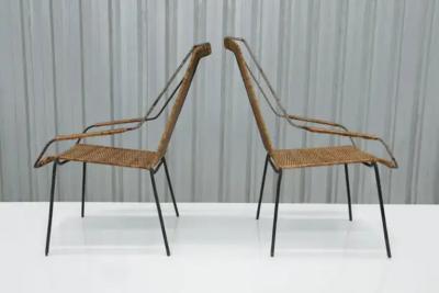 Carlo Hauner Brazilian Modern Armchairs Stools Set in Cane Iron Att Carlo Hauner 1950s