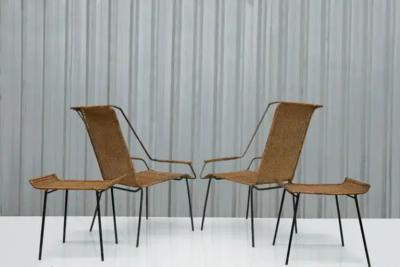 Carlo Hauner Brazilian Modern Armchairs Stools Set in Cane Iron Att Carlo Hauner 1950s