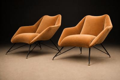Carlo Hauner Brazilian Modern Concha Armchairs in Iron Burnt Caramel Mohair Carlo Hauner