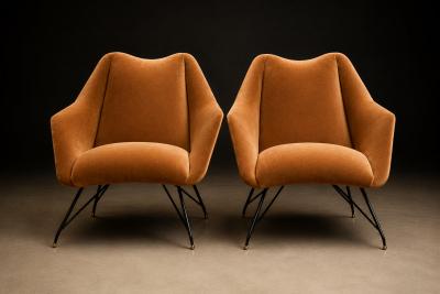 Carlo Hauner Brazilian Modern Concha Armchairs in Iron Burnt Caramel Mohair Carlo Hauner