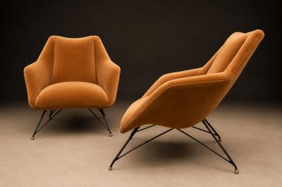 Carlo Hauner Brazilian Modern Concha Armchairs in Iron Burnt Caramel Mohair Carlo Hauner