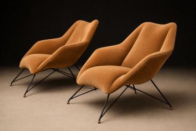 Carlo Hauner Brazilian Modern Concha Armchairs in Iron Burnt Caramel Mohair Carlo Hauner