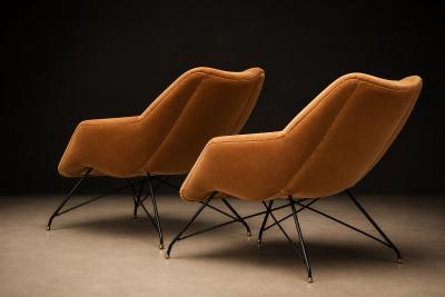 Carlo Hauner Brazilian Modern Concha Armchairs in Iron Burnt Caramel Mohair Carlo Hauner