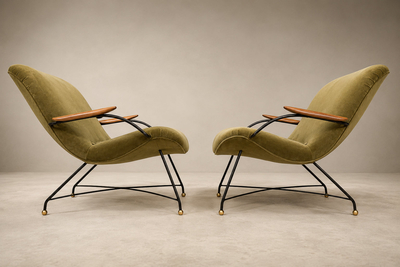 Carlo Hauner Brazilian Modern Pair of Armchairs in Rosewood Metal Velvet by Carlo Hauner