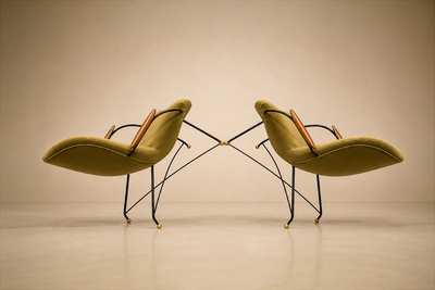 Carlo Hauner Brazilian Modern Pair of Armchairs in Rosewood Metal Velvet by Carlo Hauner