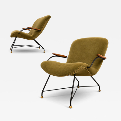Carlo Hauner Brazilian Modern Pair of Armchairs in Rosewood Metal Velvet by Carlo Hauner