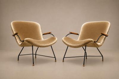 Carlo Hauner Brazilian Modern Pair of Armchairs in Rosewood Mohair Steel by Carlo Hauner