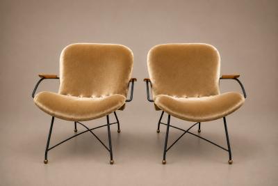 Carlo Hauner Brazilian Modern Pair of Armchairs in Rosewood Mohair Steel by Carlo Hauner