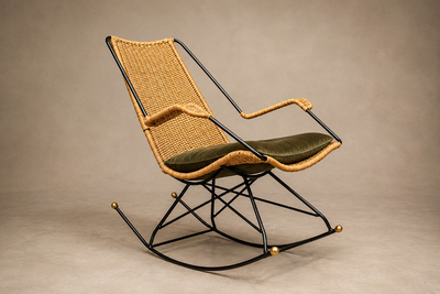 Carlo Hauner Brazilian Modern Rocking Chair in Metal Wicker Green Mohair by Carlo Hauner