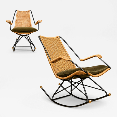 Carlo Hauner Brazilian Modern Rocking Chair in Metal Wicker Green Mohair by Carlo Hauner