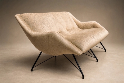 Carlo Hauner Concha Loveseat in Metal Textured Brass Toned Fabric by Carlo Hauner