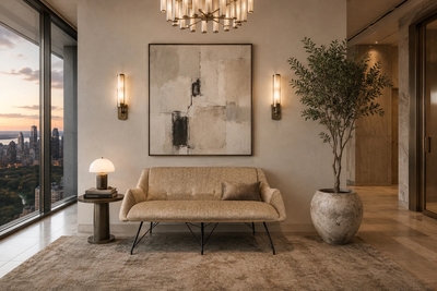 Carlo Hauner Concha Loveseat in Metal Textured Brass Toned Fabric by Carlo Hauner