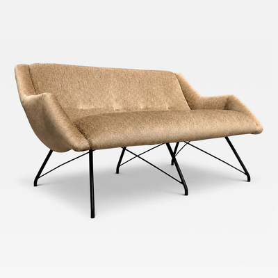 Carlo Hauner Concha Loveseat in Metal Textured Brass Toned Fabric by Carlo Hauner