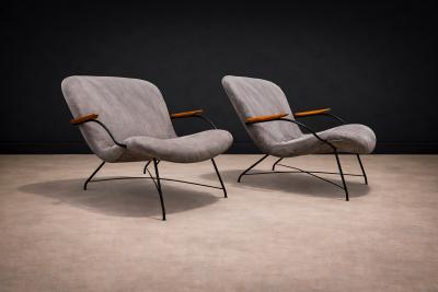Carlo Hauner Pair of Armchairs Gray Fabric Rosewood Metal Carlo Hauner 1950s