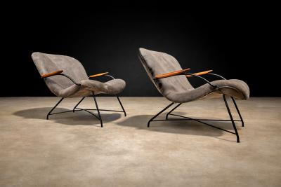 Carlo Hauner Pair of Armchairs Gray Fabric Rosewood Metal Carlo Hauner 1950s