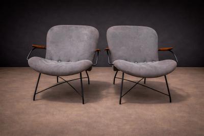 Carlo Hauner Pair of Armchairs Gray Fabric Rosewood Metal Carlo Hauner 1950s