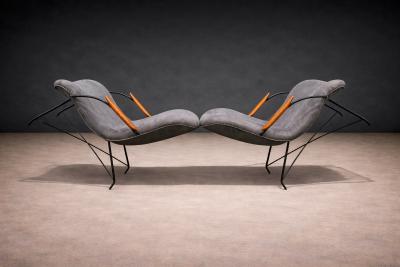 Carlo Hauner Pair of Armchairs Gray Fabric Rosewood Metal Carlo Hauner 1950s