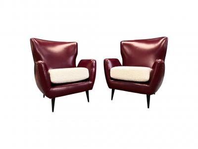 Carlo Hauner Pair of Armchairs in Hardwood Leather Boucle Carlo Hauner 1950s Lot 466