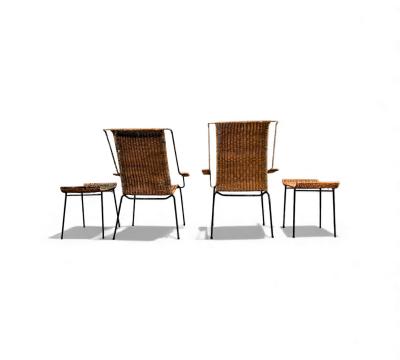 Carlo Hauner Set of Two Armchairs with Stools in Cane Iron Carlo Hauner 1950s