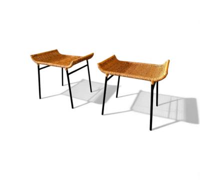 Carlo Hauner Set of Two Armchairs with Stools in Cane Iron Carlo Hauner 1950s