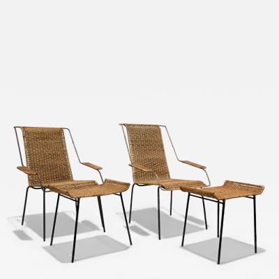 Carlo Hauner Set of Two Armchairs with Stools in Cane Iron Carlo Hauner 1950s