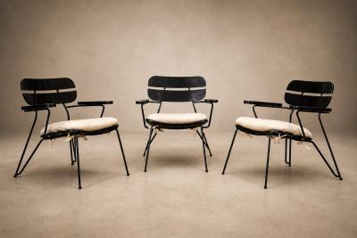 Carlo Hauner Three Armchairs in Ebonized Wood Metal with Loose Cushion Carlo Hauner