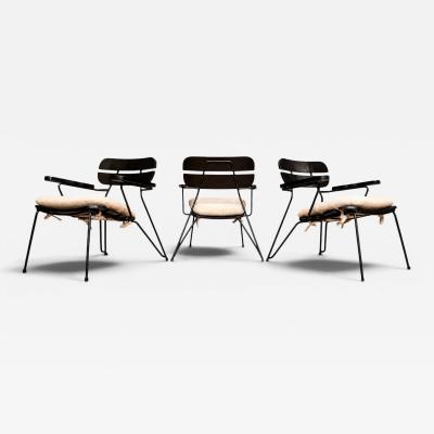 Carlo Hauner Three Armchairs in Ebonized Wood Metal with Loose Cushion Carlo Hauner