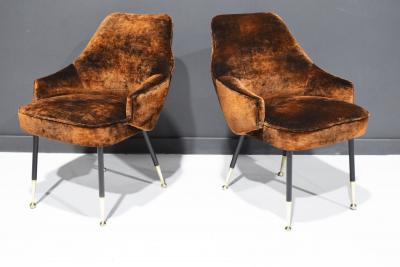 Carlo Mollino Italian Arm Chairs 1950s in Parisien Velvet with Brass Tipped Legs