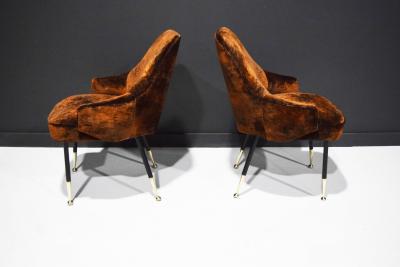 Carlo Mollino Italian Arm Chairs 1950s in Parisien Velvet with Brass Tipped Legs