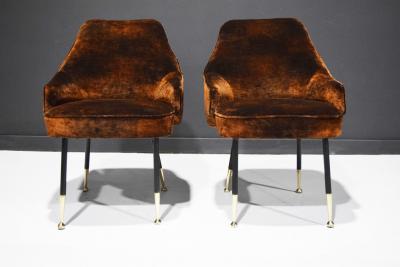 Carlo Mollino Italian Arm Chairs 1950s in Parisien Velvet with Brass Tipped Legs
