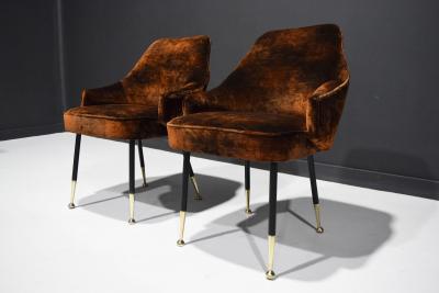 Carlo Mollino Italian Arm Chairs 1950s in Parisien Velvet with Brass Tipped Legs