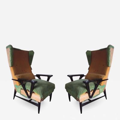 Carlo Mollino Large Mid Century Modern Wing back Lounge Chairs Carlo Mollino Attributed Pair