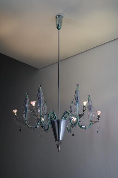 Carlo Moretti Postmodern Murano Glass and Chromed Steel San Basilio Chandelier 1980s