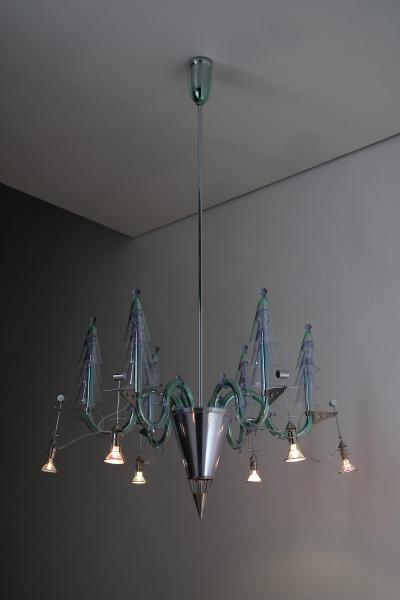 Carlo Moretti Postmodern Murano Glass and Chromed Steel San Basilio Chandelier 1980s