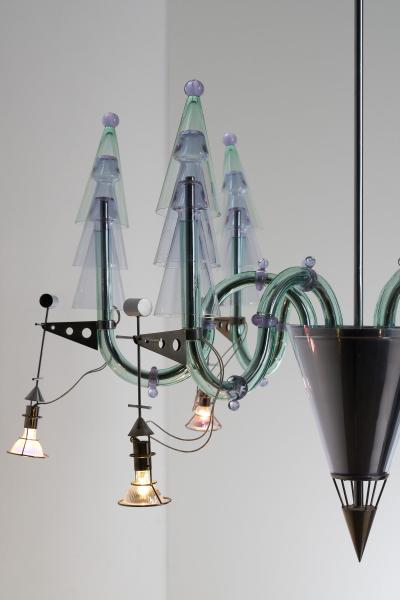 Carlo Moretti Postmodern Murano Glass and Chromed Steel San Basilio Chandelier 1980s